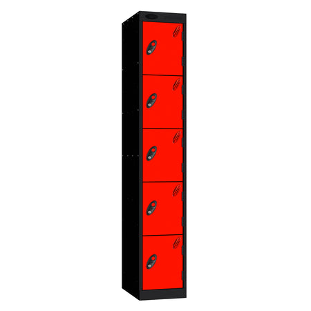 Probe Standard Metric Locker — 5 Door, Sloping Top, Triple Width — Black Carcass / Red Doors