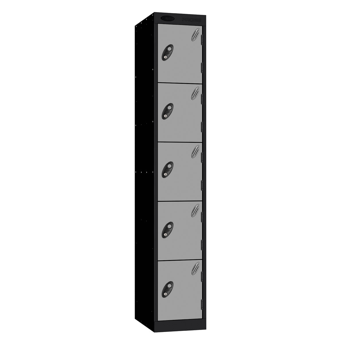 Probe Standard Metric Locker — 5 Door, Sloping Top, Triple Width — Black Carcass / Silver Doors