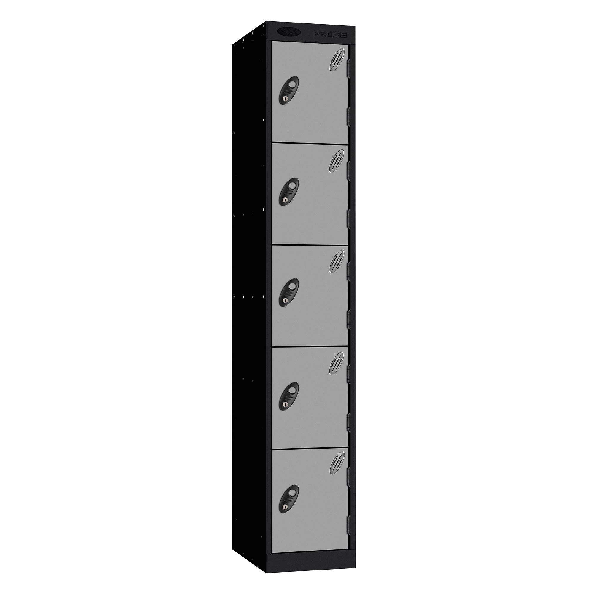 Probe Standard Metric Locker — 5 Door, Sloping Top, Triple Width — Black Carcass / Silver Doors