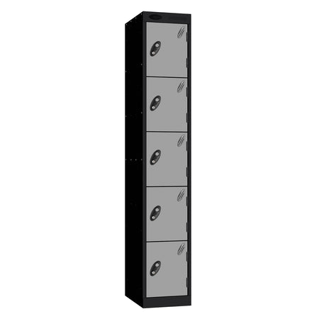Probe Standard Metric Locker — 5 Door, Sloping Top, Triple Width — Black Carcass / Silver Doors