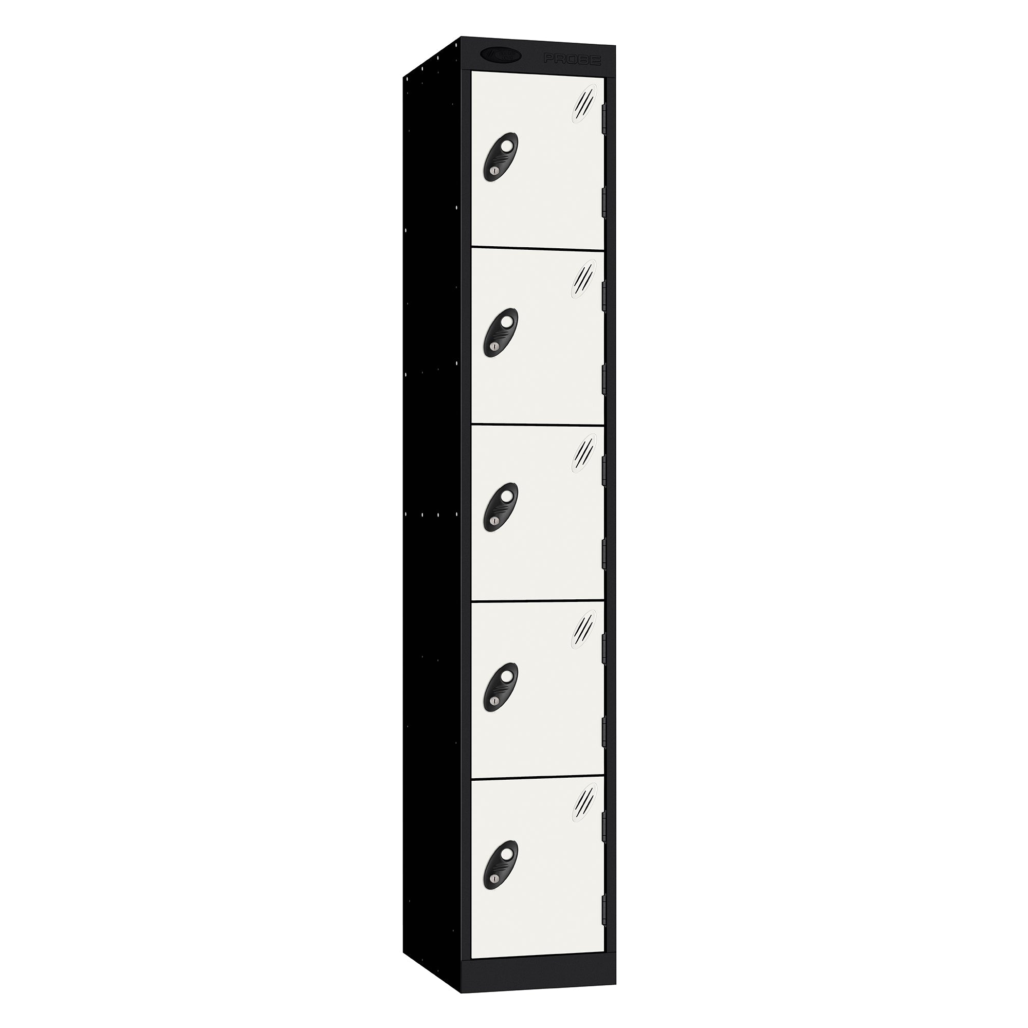 Probe Standard Metric Locker — 5 Door, Sloping Top, Triple Width — Black Carcass / White Doors