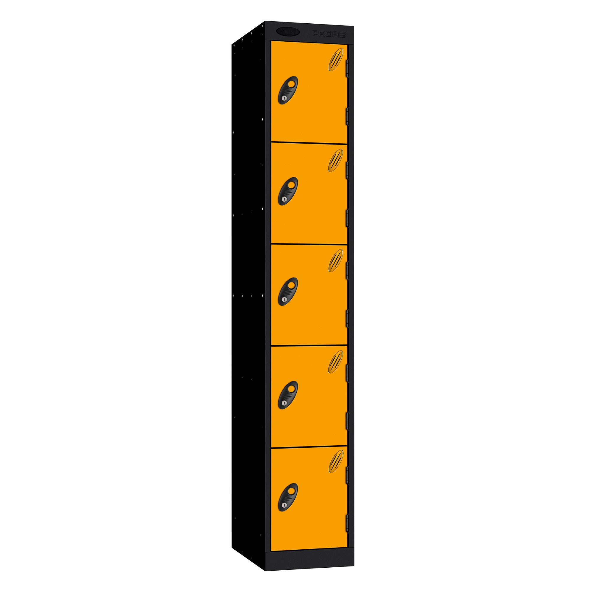 Probe Standard Metric Locker — 5 Door, Sloping Top, Triple Width — Black Carcass / Yellow Doors