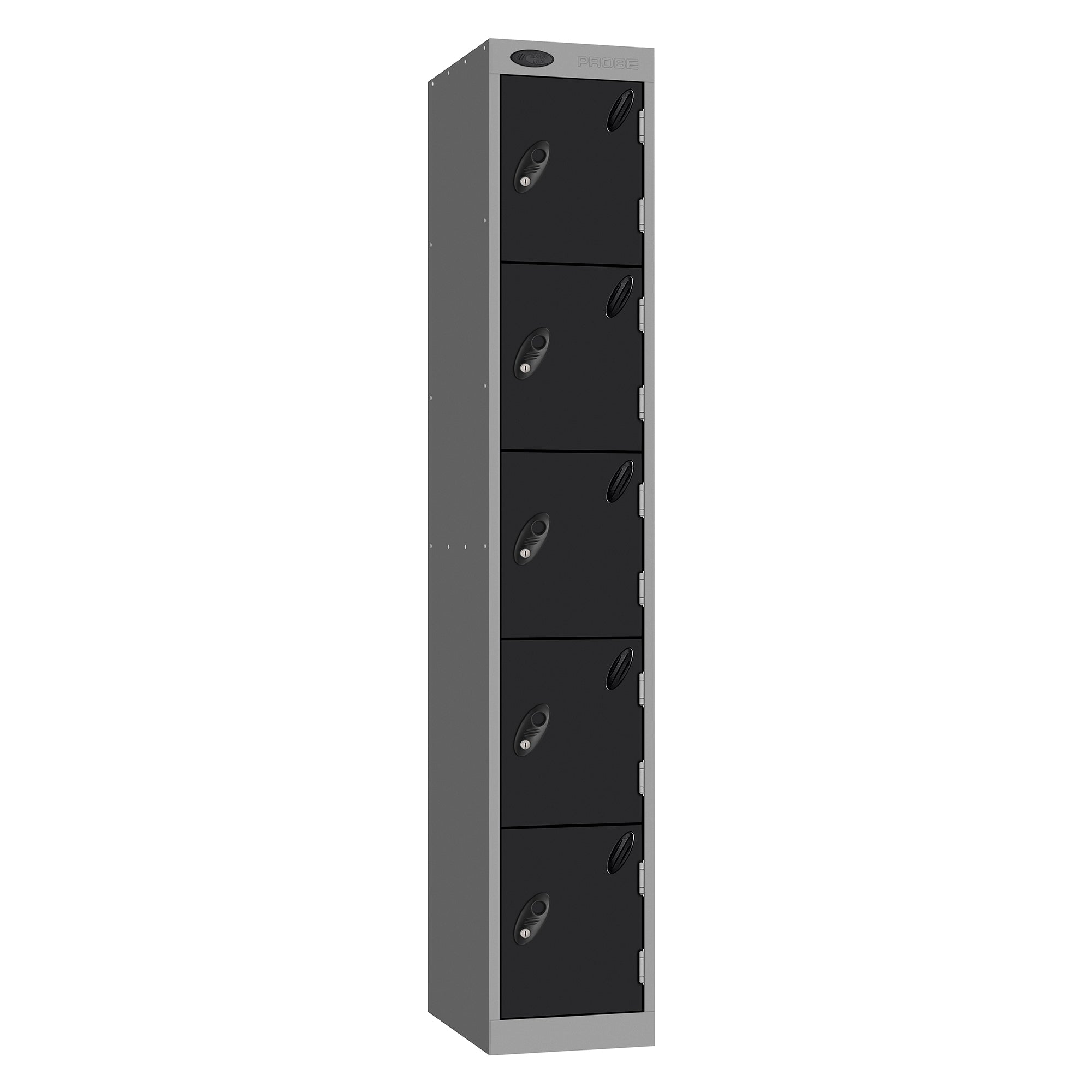 Probe Standard Metric Locker — 5 Door, Sloping Top, Triple Width — Silver Carcass / Black Doors