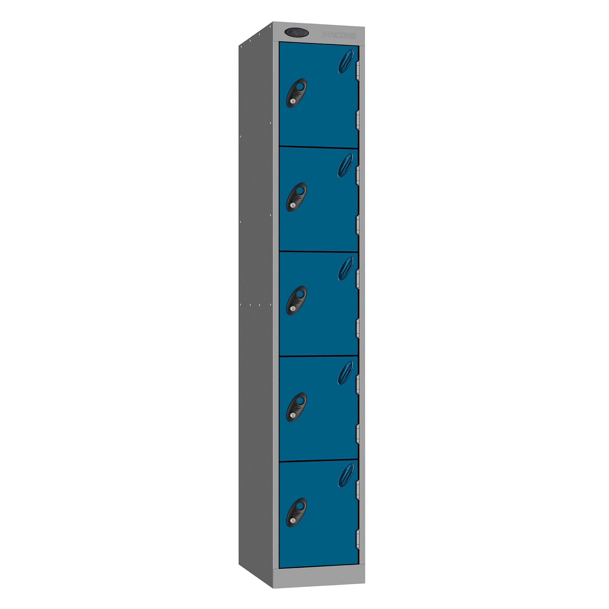 Probe Standard Metric Locker — 5 Door, Sloping Top, Triple Width — Silver Carcass / Blue Doors