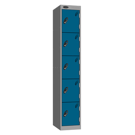 Probe Standard Metric Locker — 5 Door, Sloping Top, Triple Width — Silver Carcass / Blue Doors