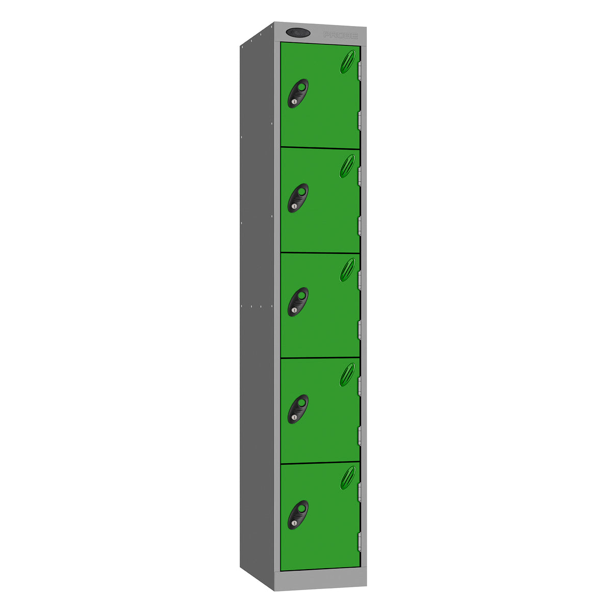 Probe Standard Metric Locker — 5 Door, Sloping Top, Triple Width — Silver Carcass / Green Doors