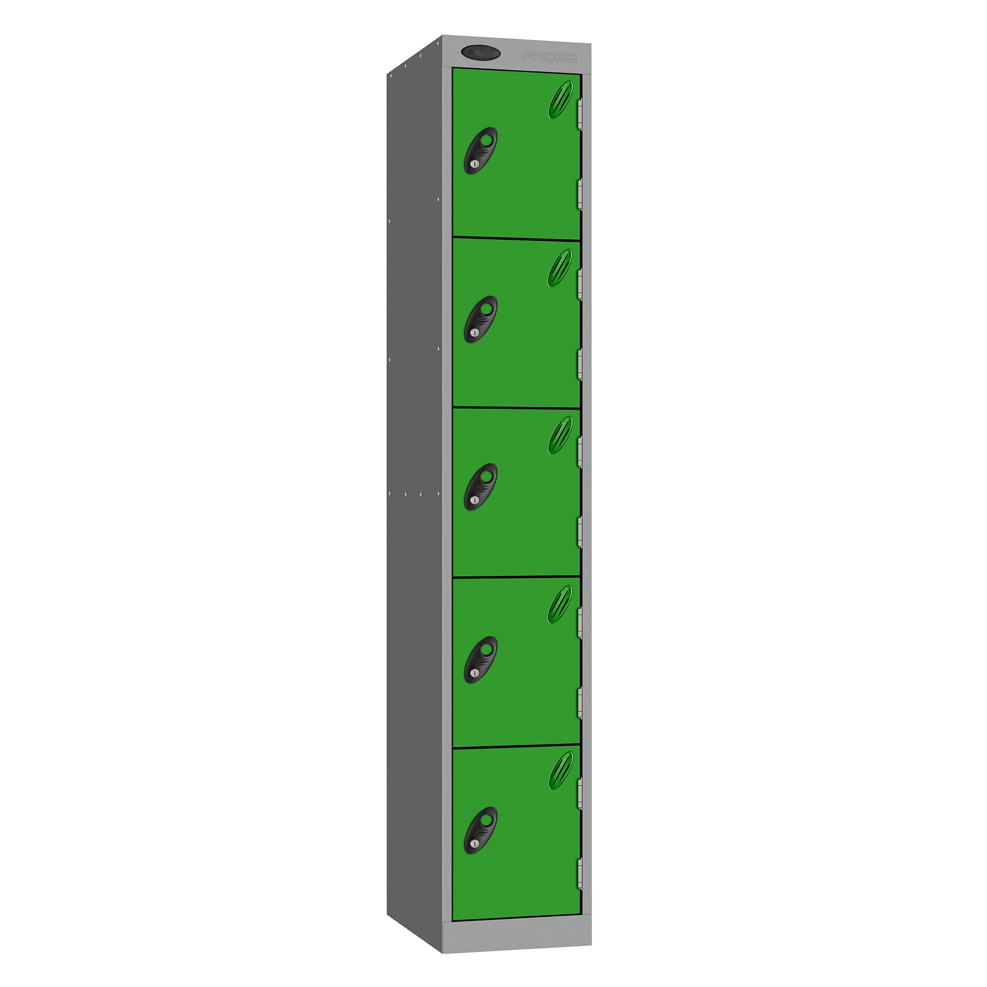 Probe Standard Metric Locker — 5 Door, Sloping Top, Triple Width — Silver Carcass / Green Doors