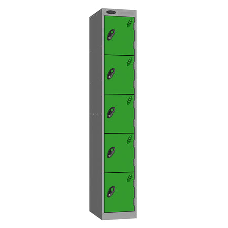 Probe Standard Metric Locker — 5 Door, Sloping Top, Triple Width — Silver Carcass / Green Doors