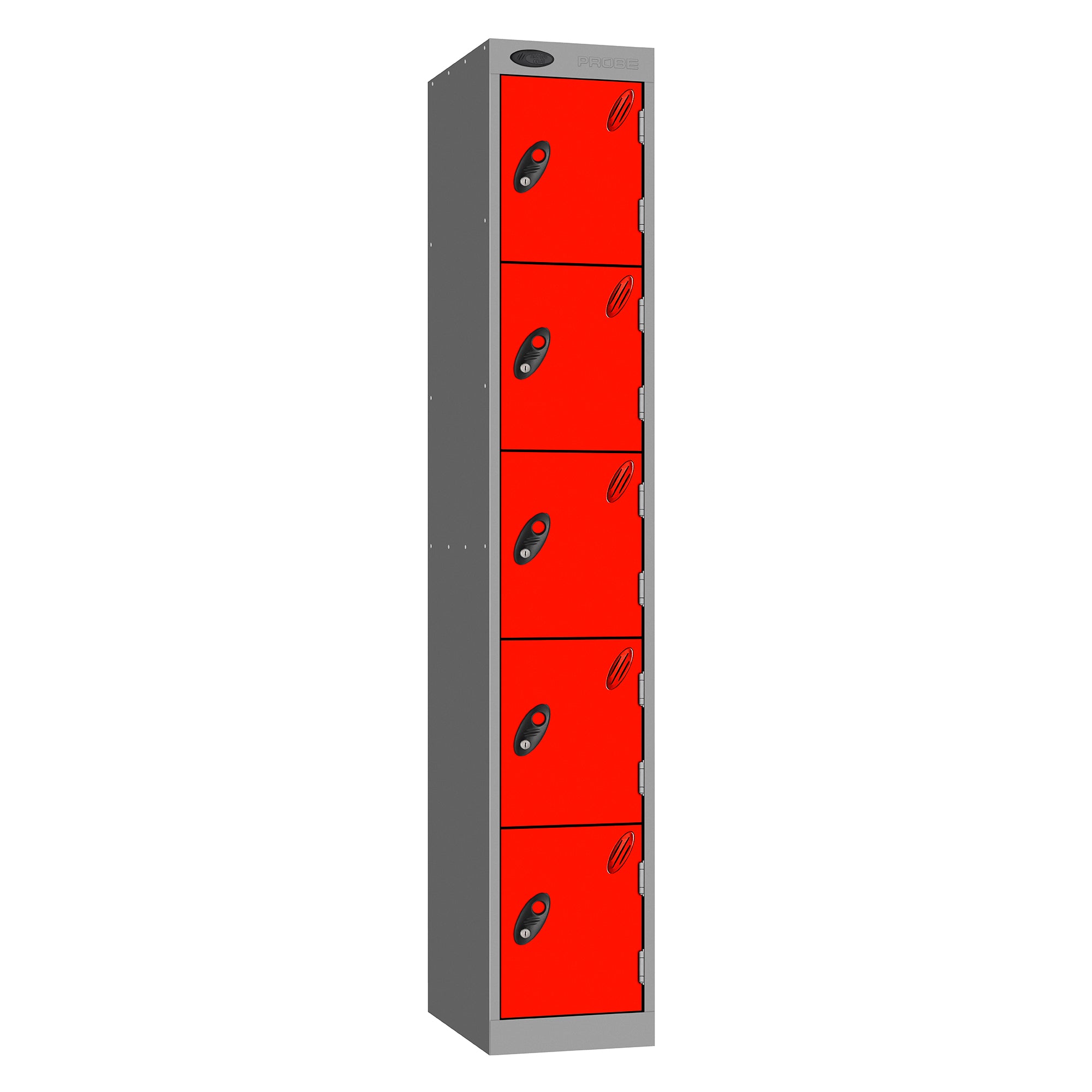 Probe Standard Metric Locker — 5 Door, Sloping Top, Triple Width — Silver Carcass / Red Doors
