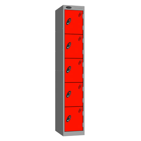 Probe Standard Metric Locker — 5 Door, Sloping Top, Triple Width — Silver Carcass / Red Doors
