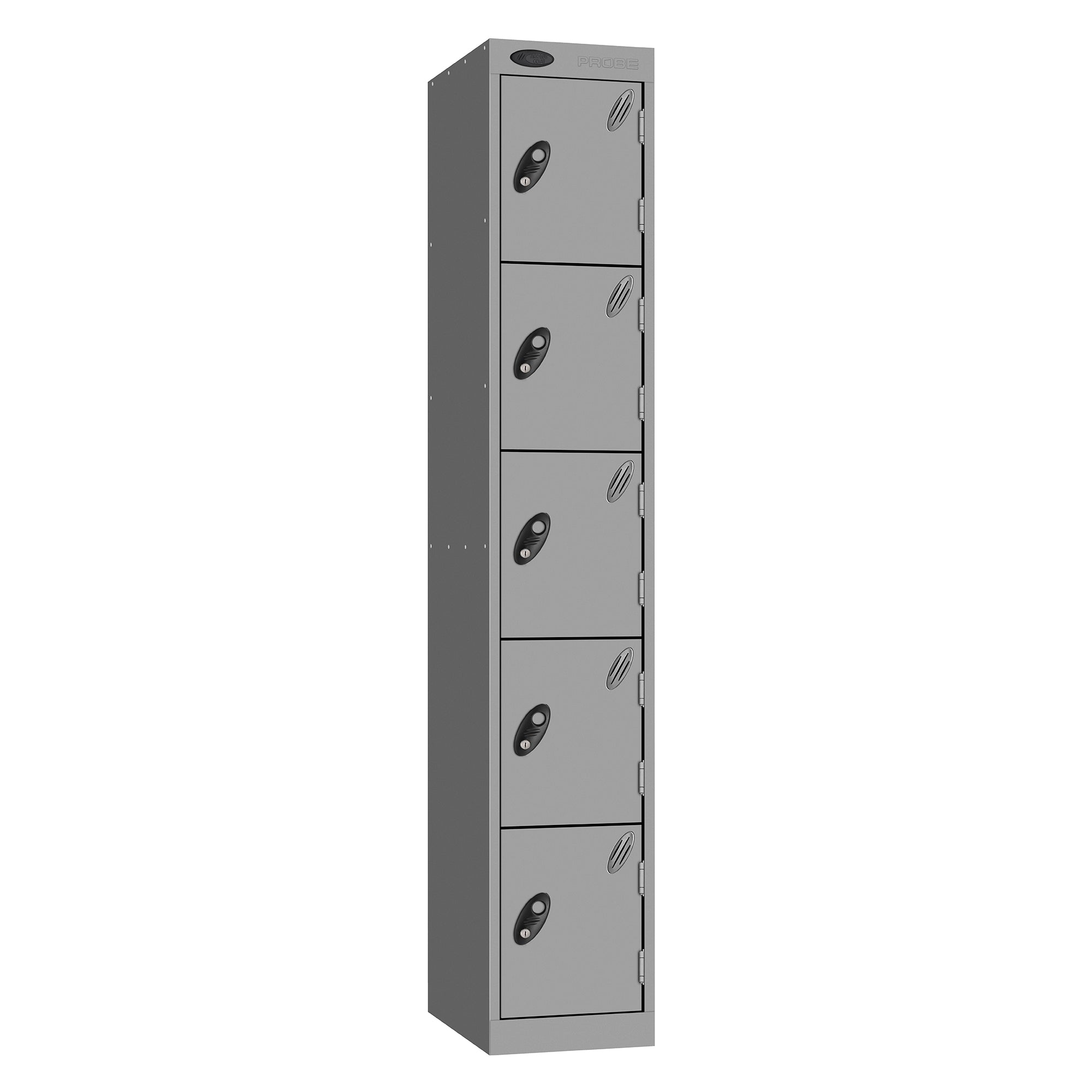 Probe Standard Metric Locker — 5 Door, Sloping Top, Triple Width — Silver Carcass / Silver Doors