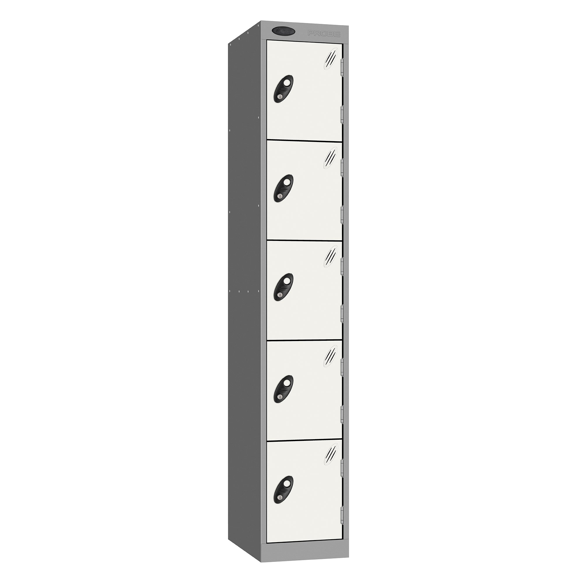 Probe Standard Metric Locker — 5 Door, Sloping Top, Triple Width — Silver Carcass / White Doors
