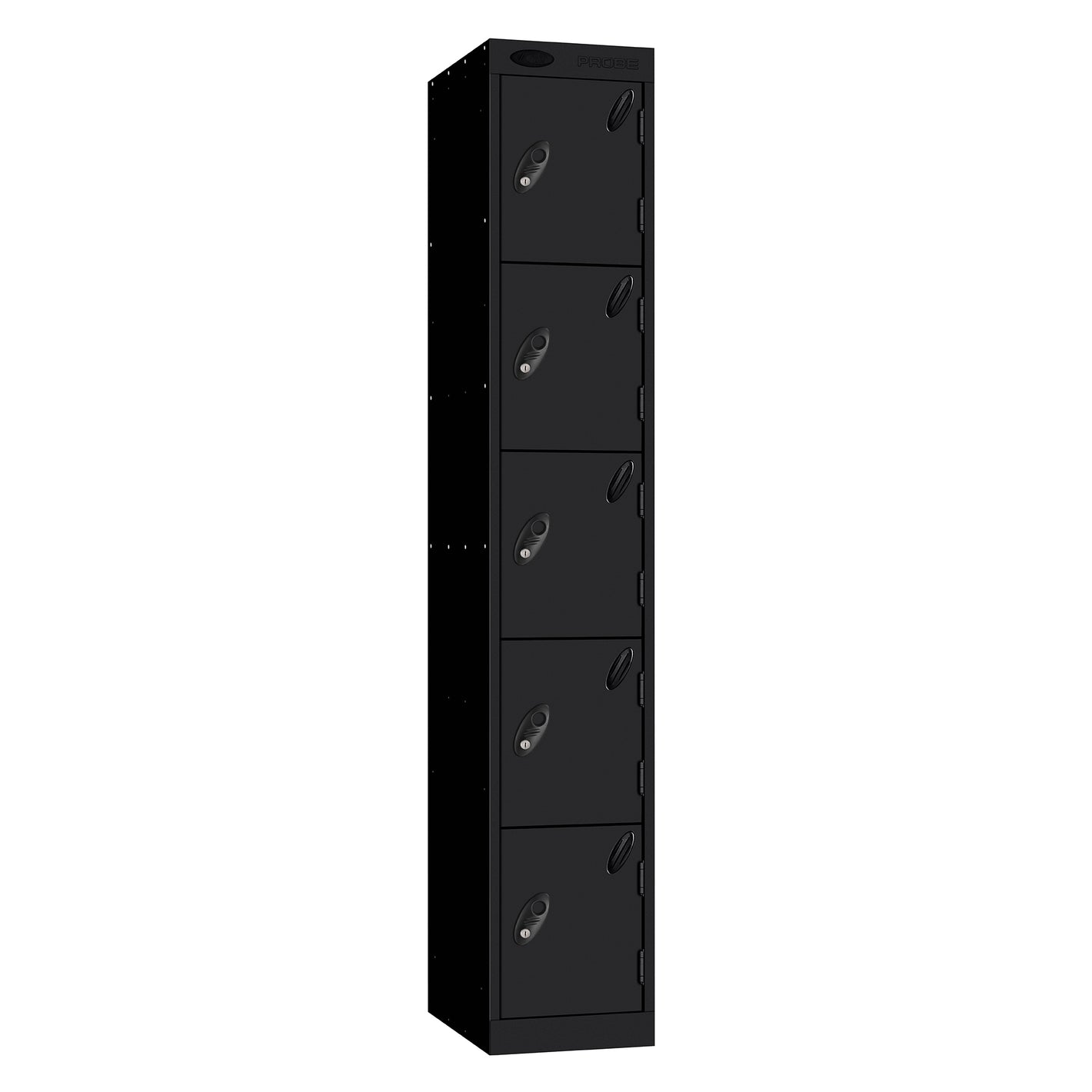 Probe Perforated Metric Locker — 5 Door, Sloping Top, Triple Width — Black carcass with Black door
