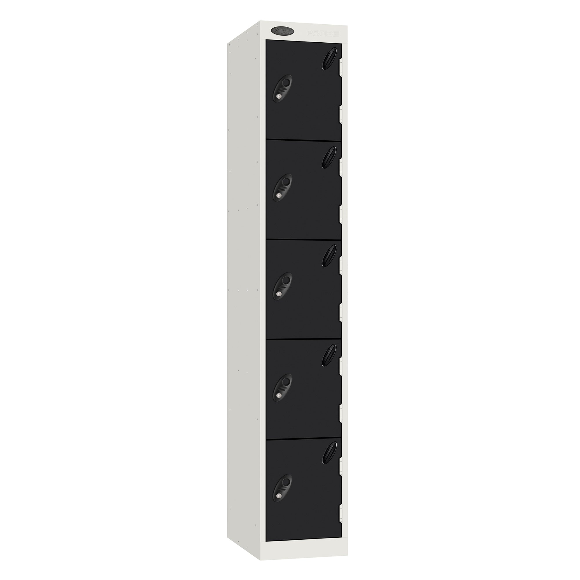 Probe Standard Metric Locker — 5 Door, Sloping Top, Triple Width — White Carcass / Black Doors