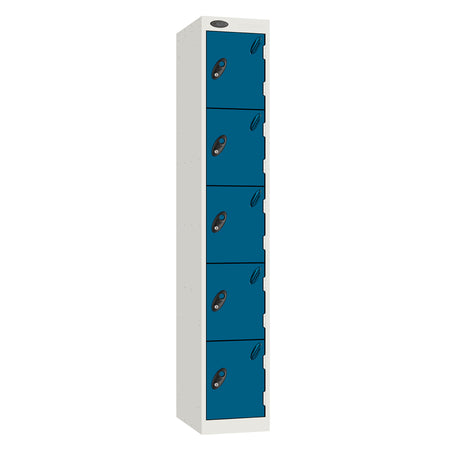 Probe Standard Metric Locker — 5 Door, Sloping Top, Triple Width — White Carcass / Blue Doors