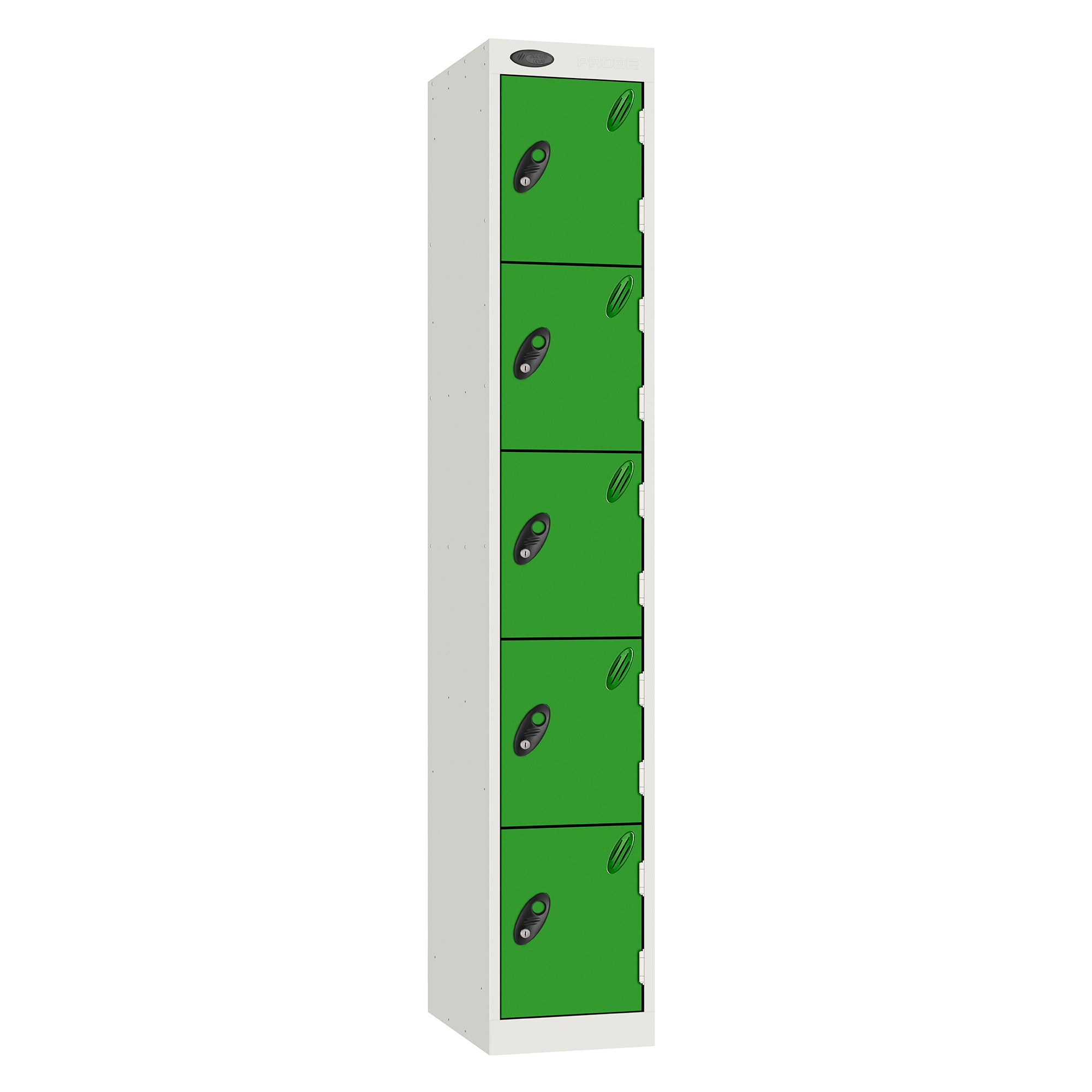 Probe Standard Metric Locker — 5 Door, Sloping Top, Triple Width — White Carcass / Green Doors