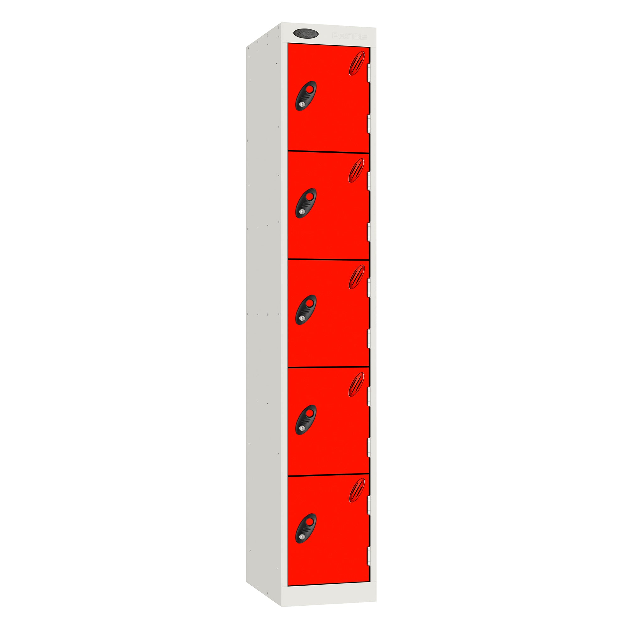 Probe Standard Metric Locker — 5 Door, Sloping Top, Triple Width — White Carcass / Red Doors