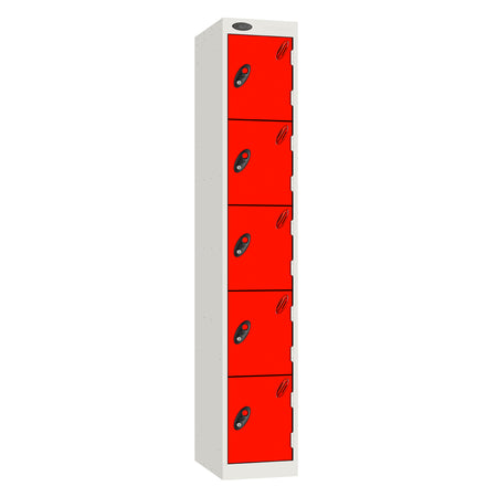 Probe Standard Metric Locker — 5 Door, Sloping Top, Triple Width — White Carcass / Red Doors