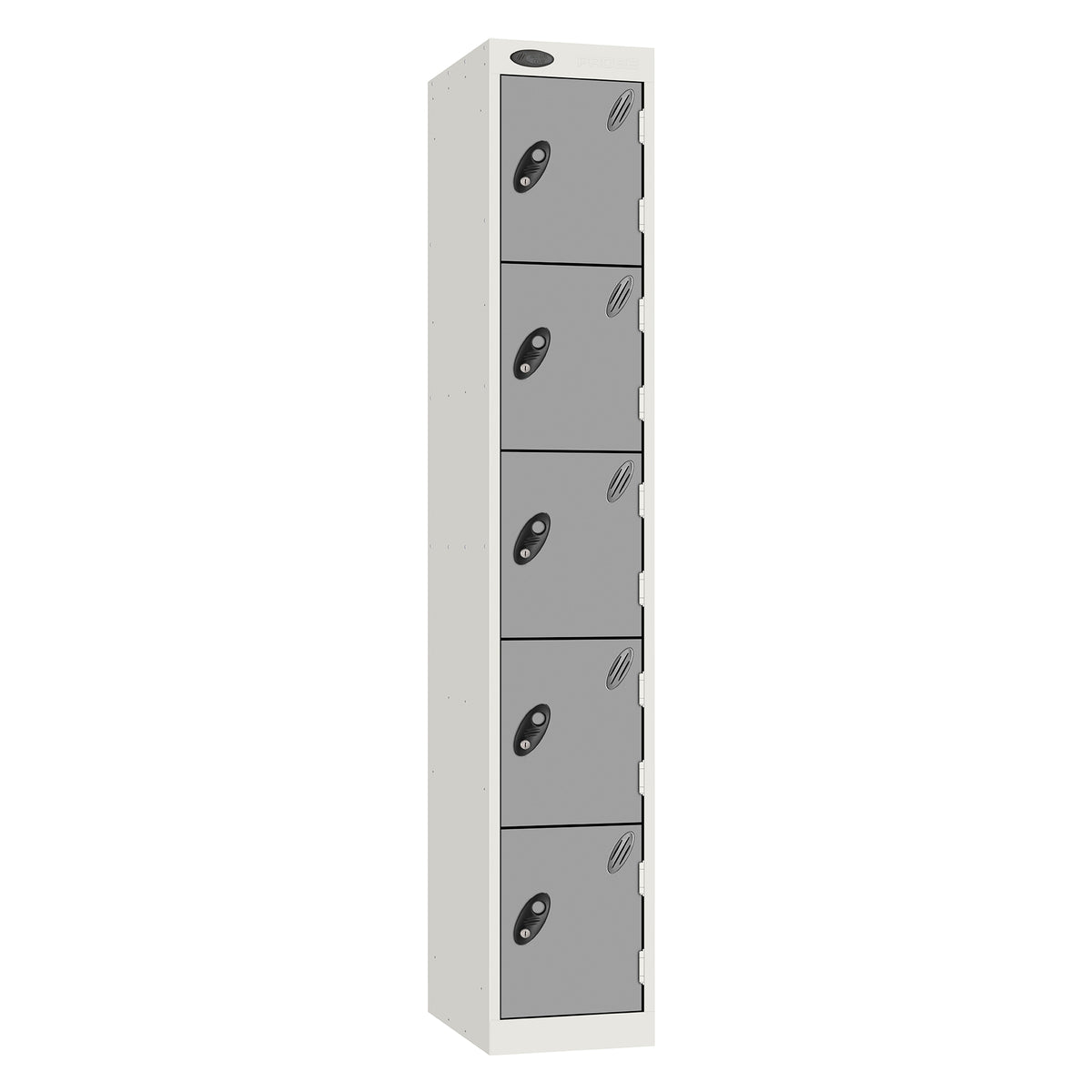 Probe Standard Metric Locker — 5 Door, Sloping Top, Triple Width — White Carcass / Silver Doors