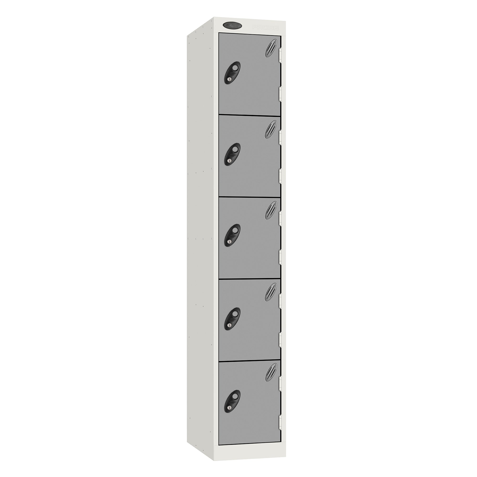 Probe Standard Metric Locker — 5 Door, Sloping Top, Triple Width — White Carcass / Silver Doors