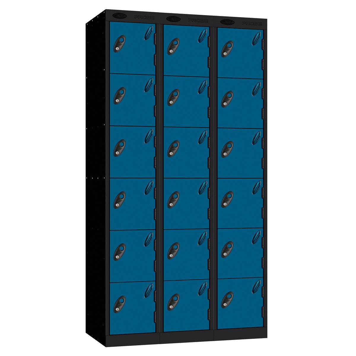 Probe Perforated Metric Locker — 6 Door, Flat Top, Triple Width — Black carcass with Blue door