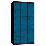 Probe Perforated Metric Locker — 6 Door, Flat Top, Triple Width — Black carcass with Blue door