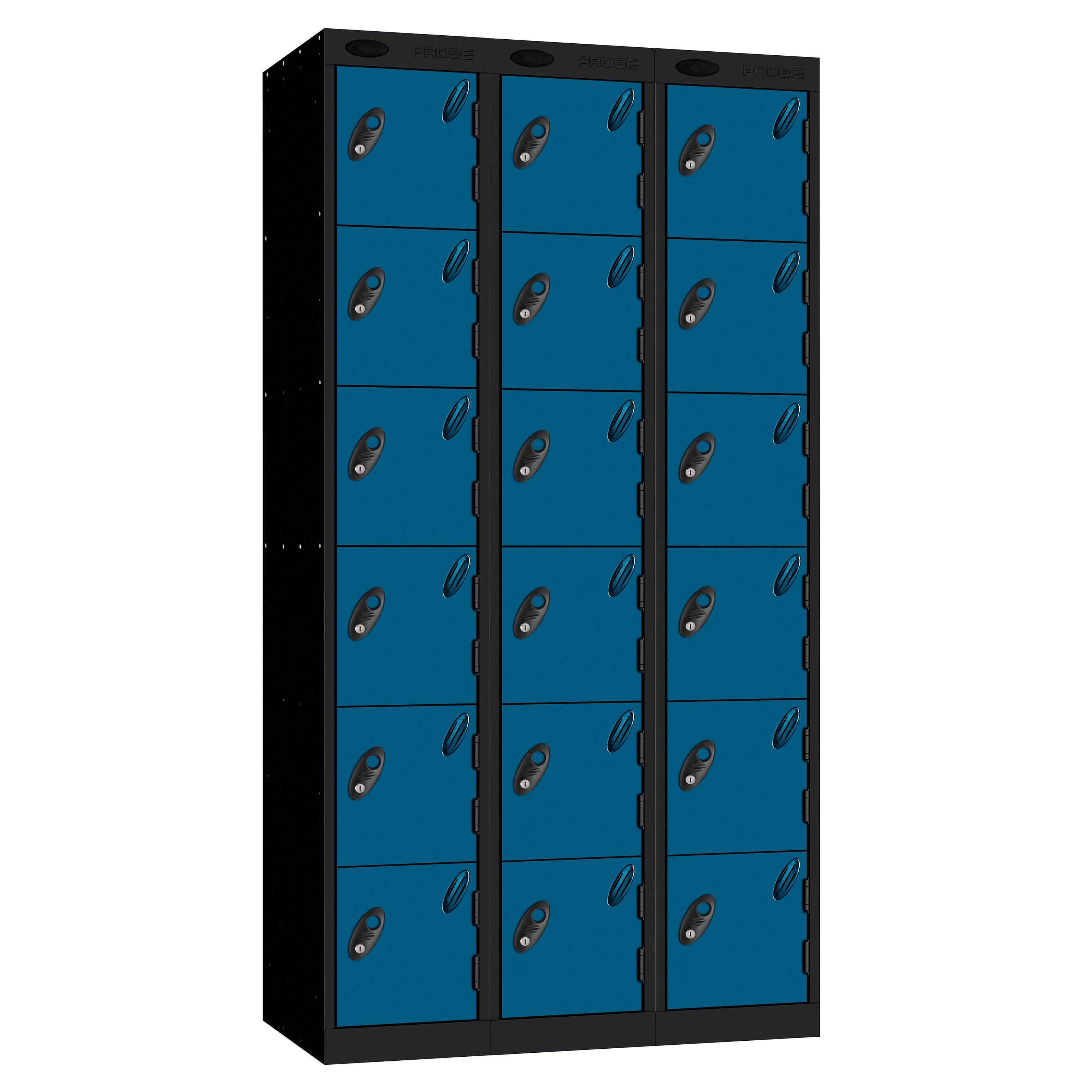 Probe Perforated Metric Locker — 6 Door, Flat Top, Triple Width — Black carcass with Blue door