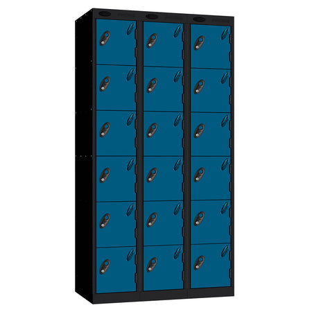 Probe Perforated Metric Locker — 6 Door, Flat Top, Triple Width — Black carcass with Blue door
