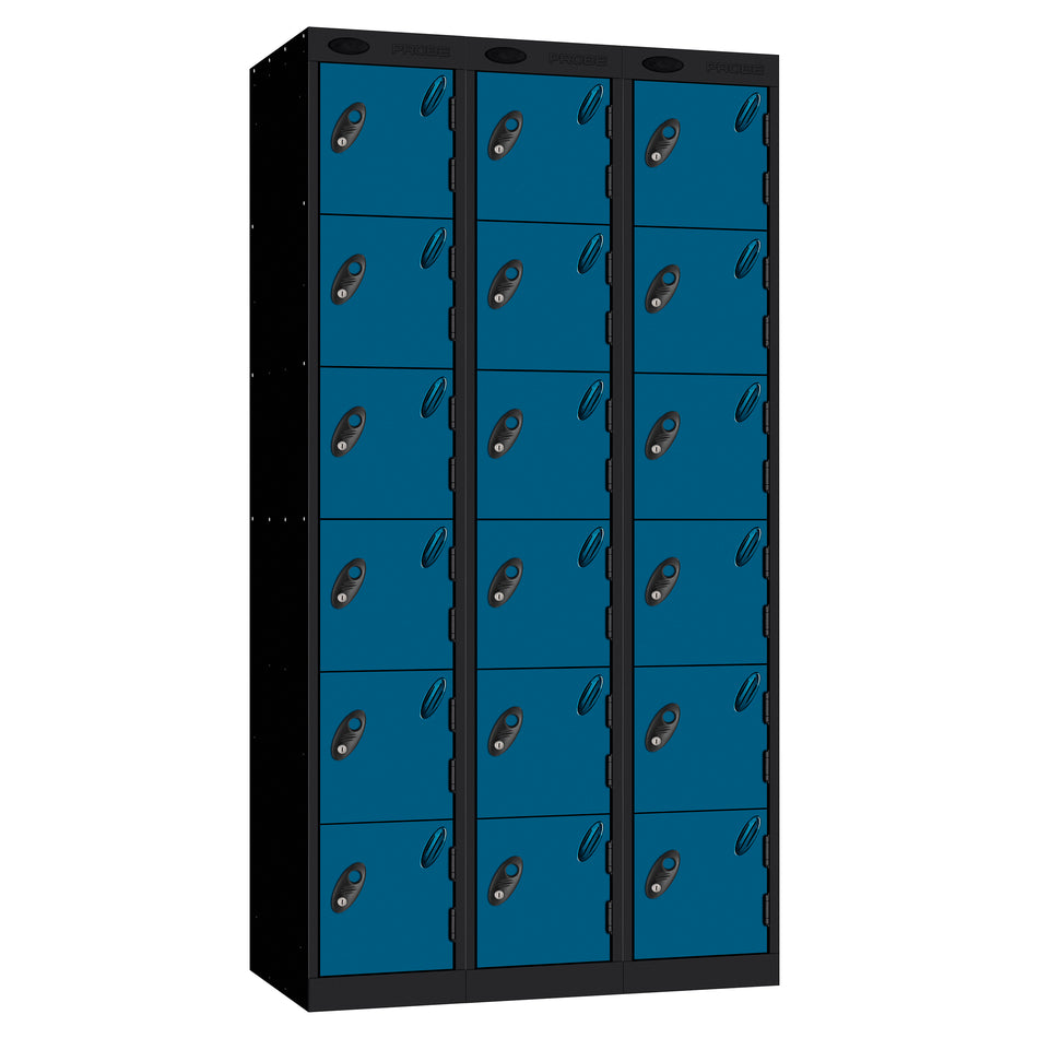 Probe Perforated Metric Locker — 6 Door, Flat Top, Triple Width — Black carcass with Blue door