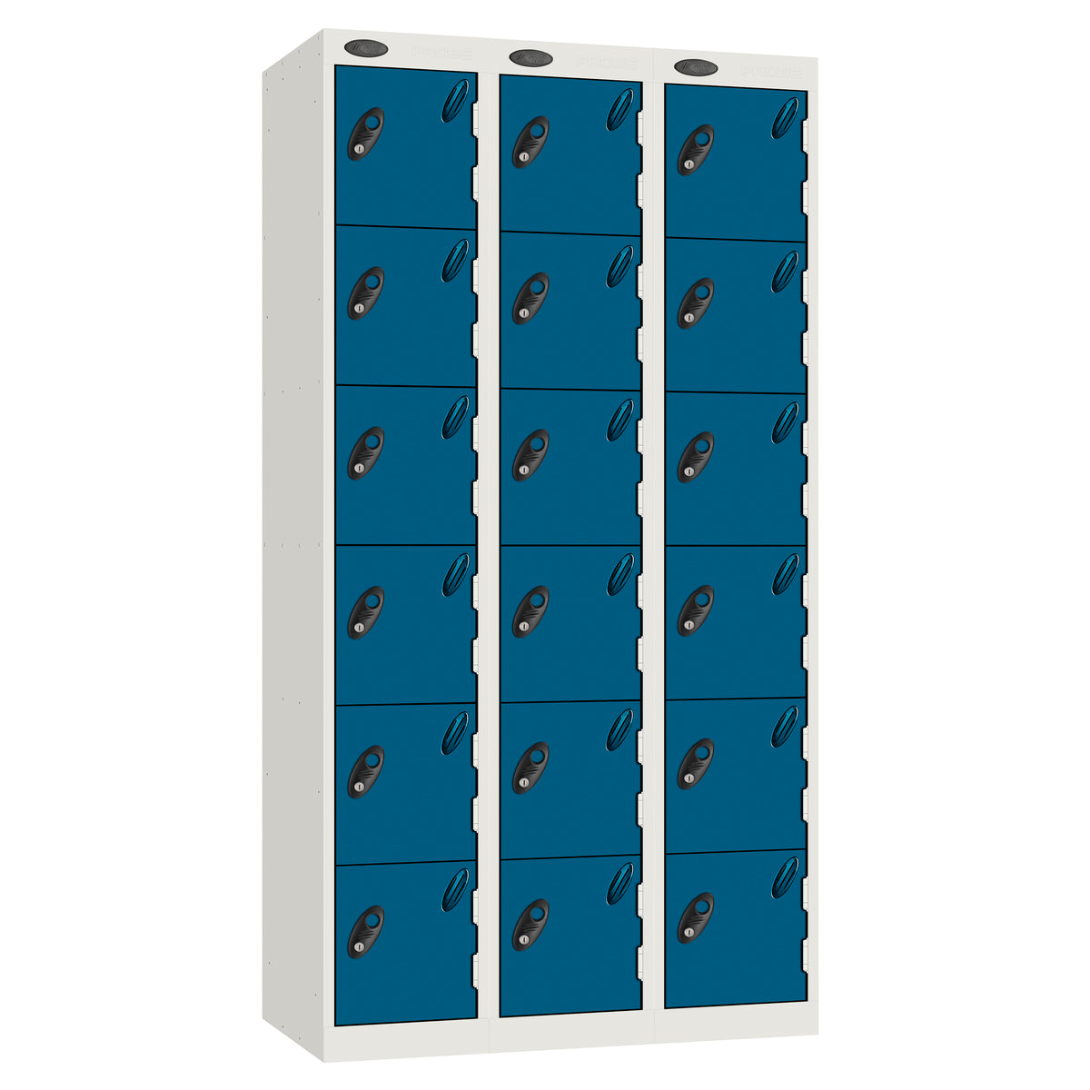 Probe Perforated Metric Locker — 6 Door, Flat Top, Triple Width — White carcass with Blue door