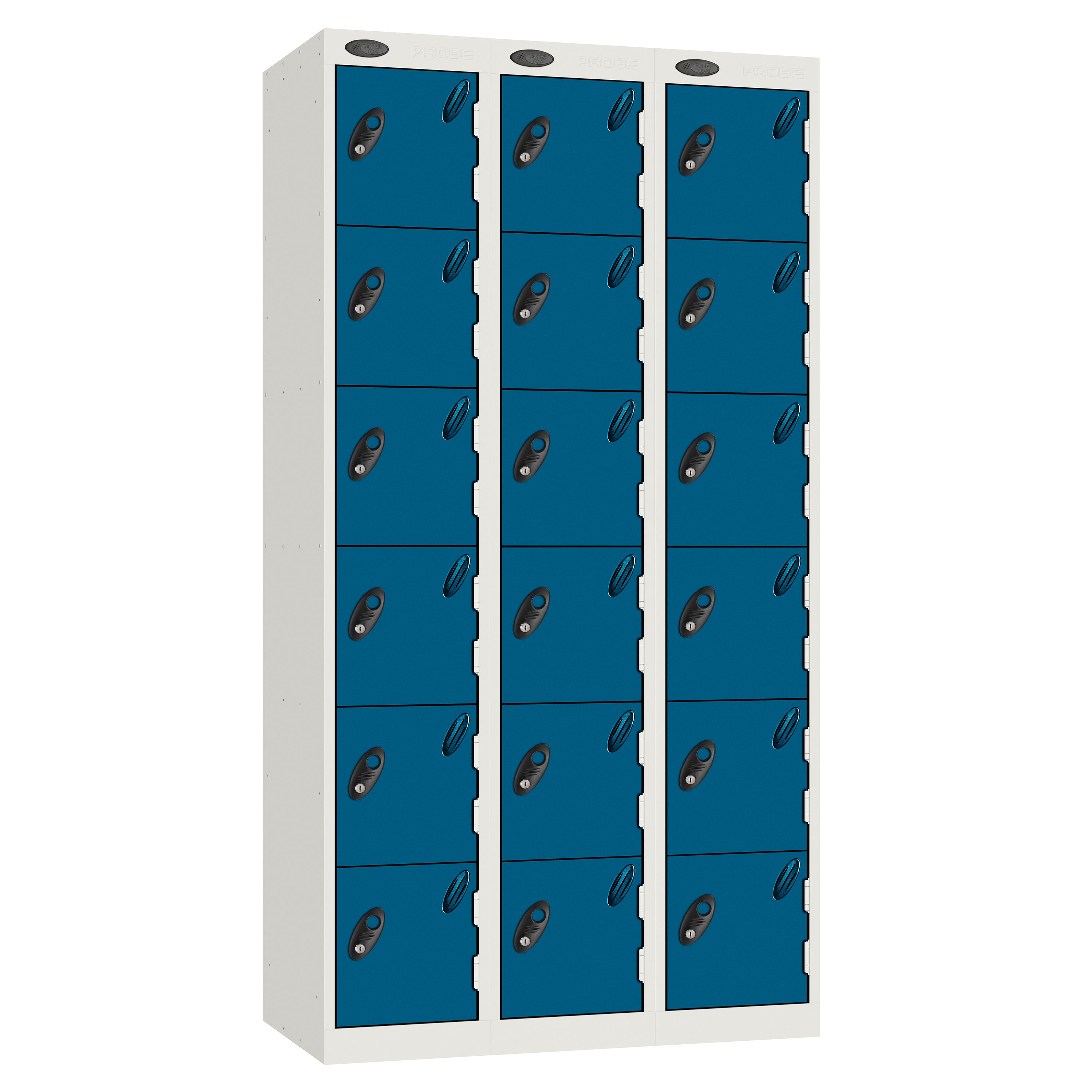 Probe Perforated Metric Locker — 6 Door, Flat Top, Triple Width — White carcass with Blue door