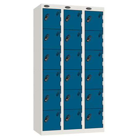 Probe Perforated Metric Locker — 6 Door, Flat Top, Triple Width — White carcass with Blue door