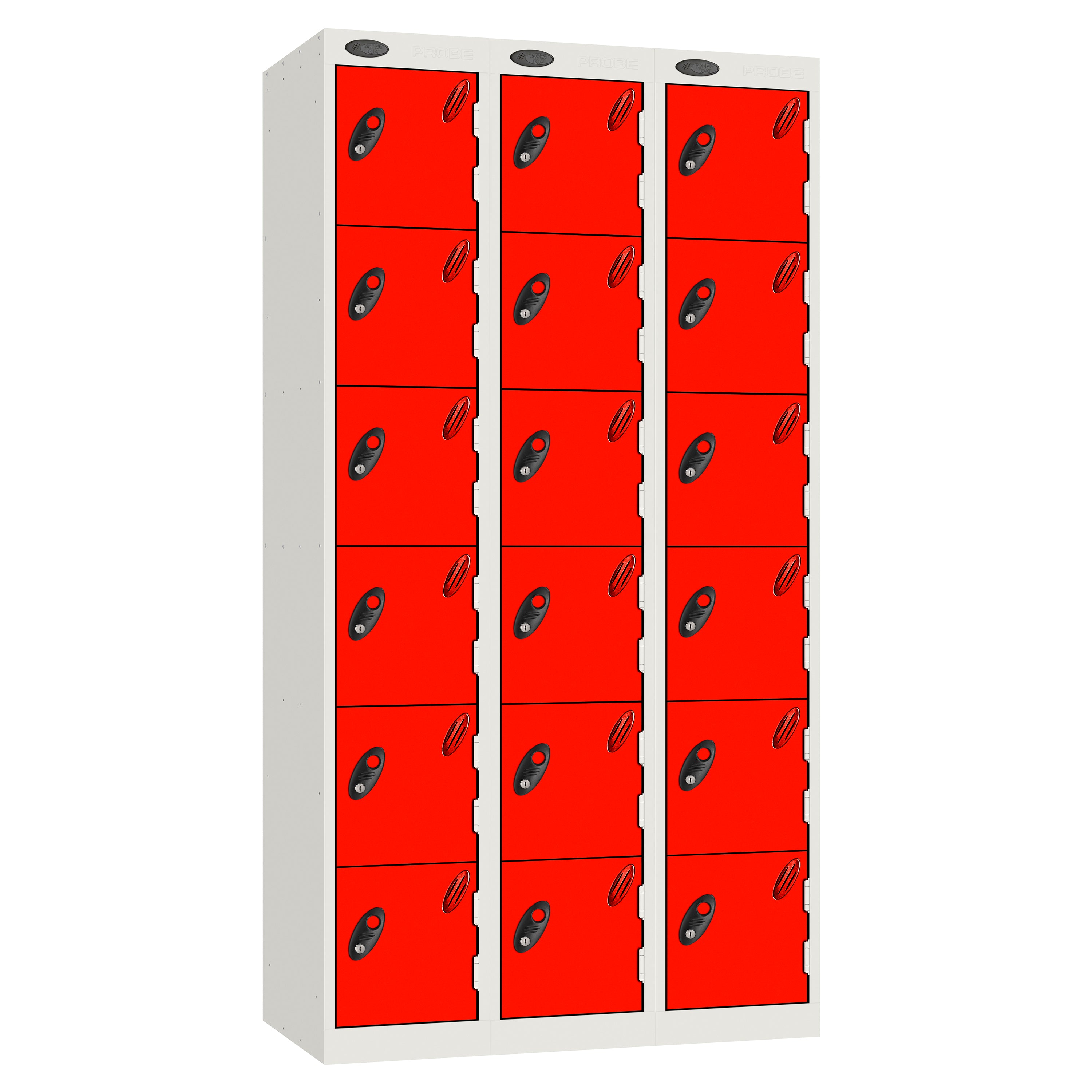 Probe Perforated Metric Locker — 6 Door, Flat Top, Triple Width — White carcass with Red door