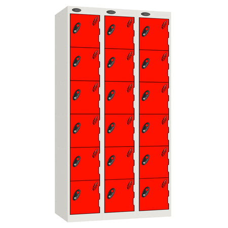 Probe Perforated Metric Locker — 6 Door, Flat Top, Triple Width — White carcass with Red door