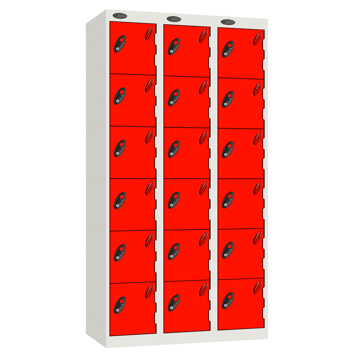 Probe Perforated Metric Locker — 6 Door, Sloping Top, Triple Width — White carcass with Red door