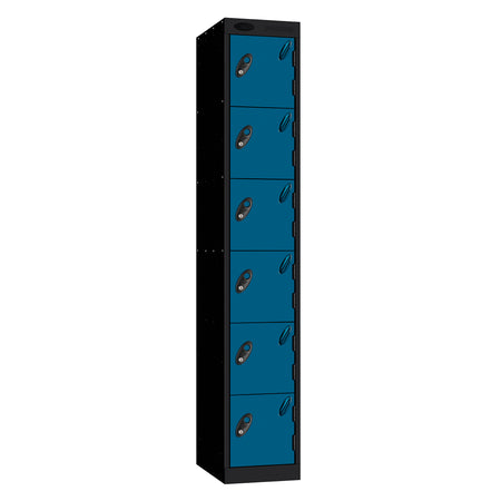 Probe Standard Metric Locker — 6 Door, Sloping Top, Triple Width — Black Carcass / Blue Doors