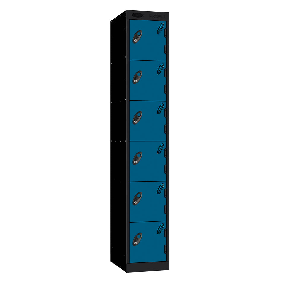 Probe Standard Metric Locker — 6 Door, Sloping Top, Triple Width — Black Carcass / Blue Doors