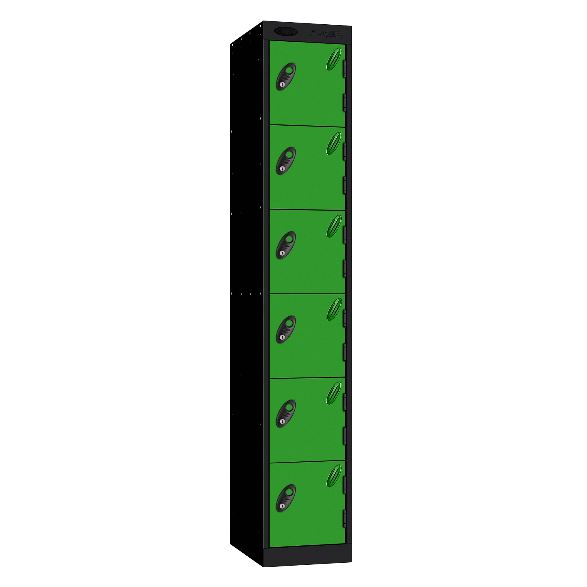 Probe Standard Metric Locker — 6 Door, Flat Top, Triple Width — Black Carcass / Green Doors