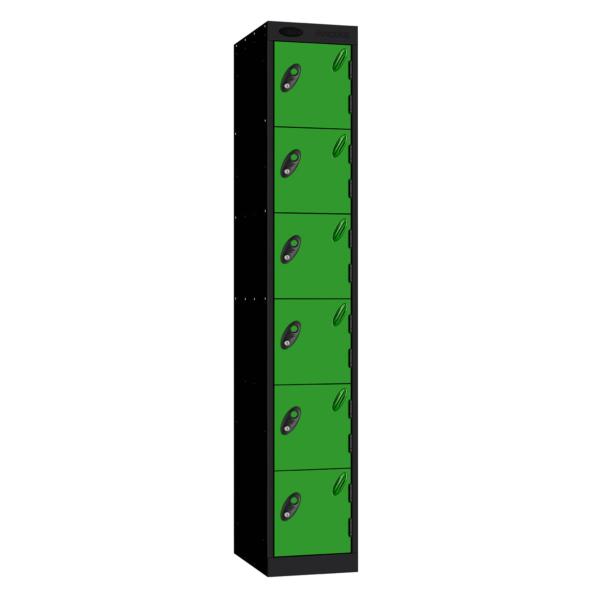 Probe Standard Metric Locker — 6 Door, Sloping Top, Triple Width — Black Carcass / Green Doors