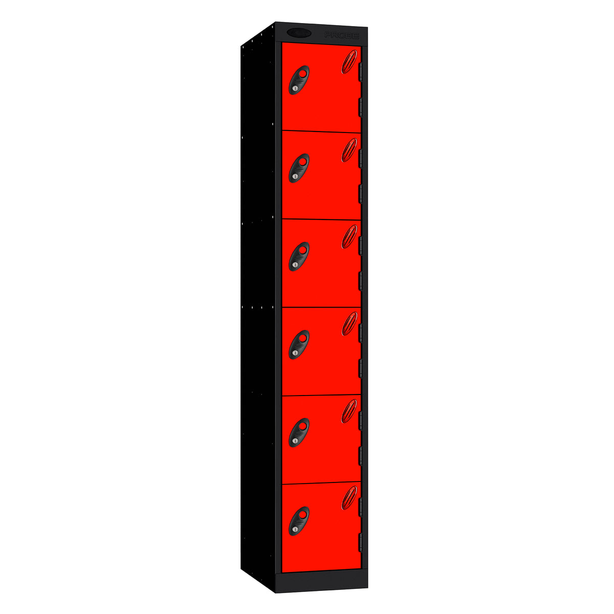 Probe Standard Metric Locker — 6 Door, Sloping Top, Triple Width — Black Carcass / Red Doors