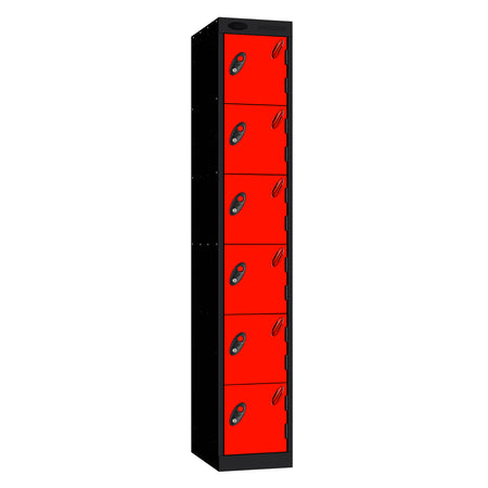 Probe Standard Metric Locker — 6 Door, Sloping Top, Triple Width — Black Carcass / Red Doors