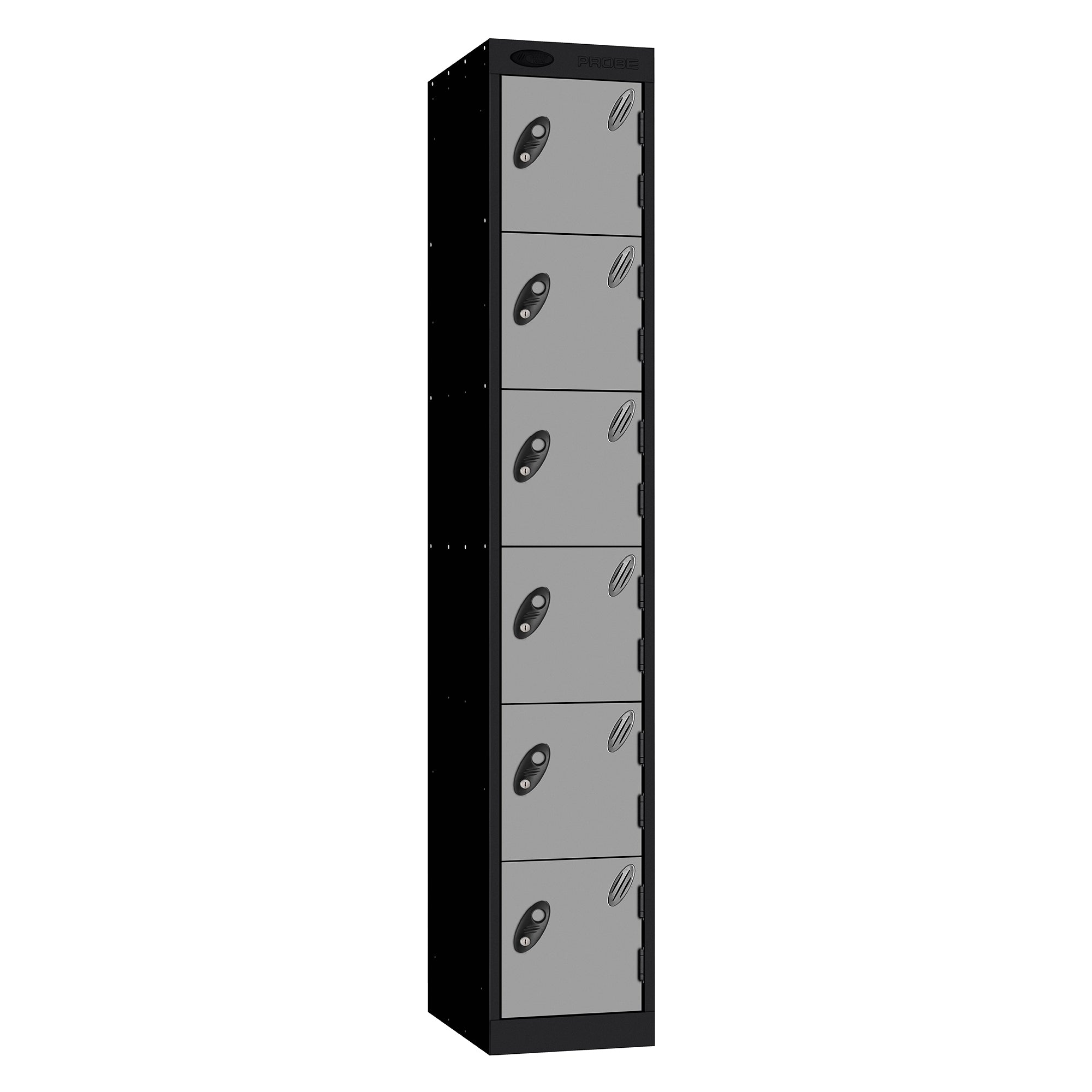 Probe Standard Metric Locker — 6 Door, Flat Top, Triple Width — Black Carcass / Silver Doors