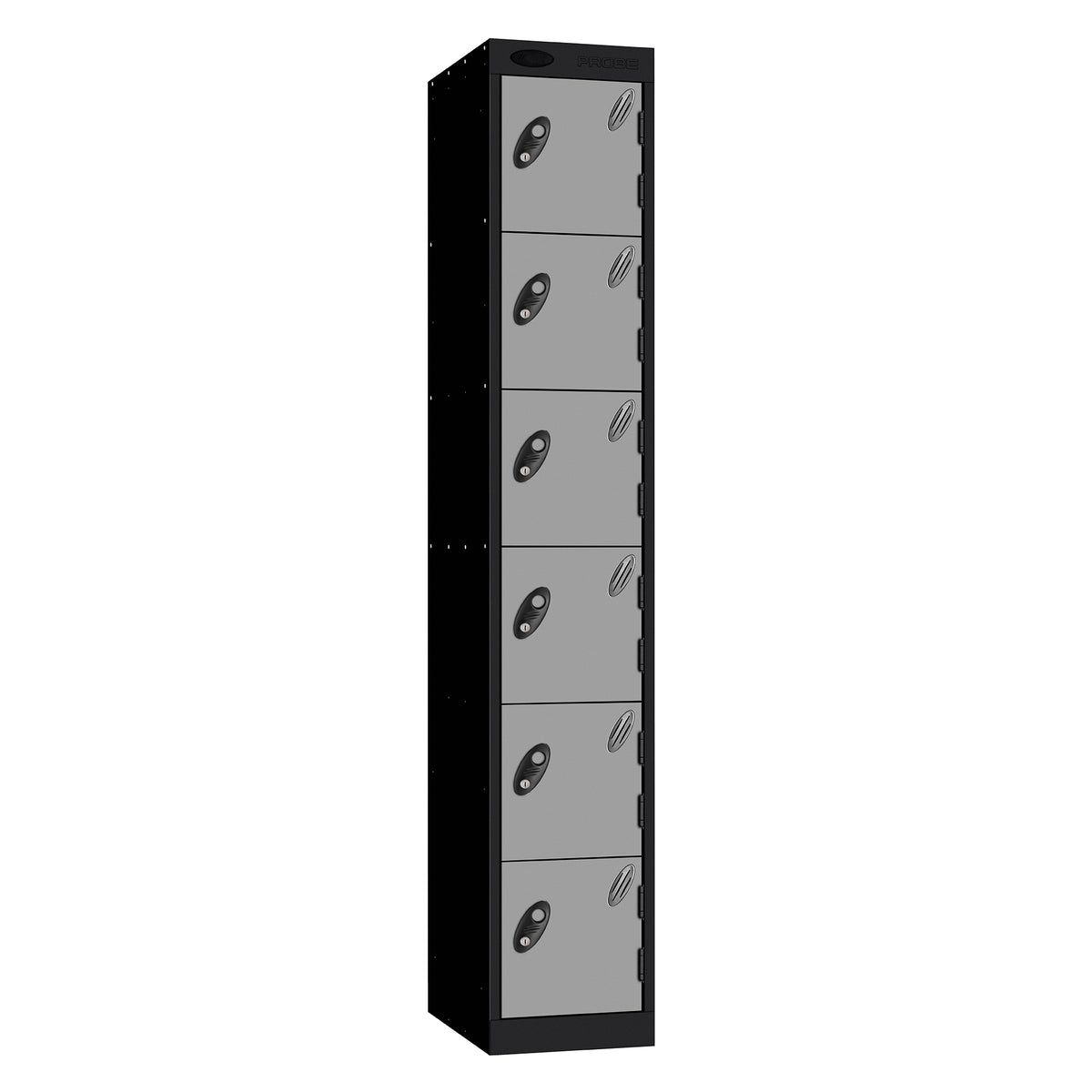 Probe Standard Metric Locker — 6 Door, Sloping Top, Triple Width — Black Carcass / Silver Doors