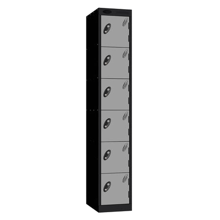 Probe Standard Metric Locker — 6 Door, Sloping Top, Triple Width — Black Carcass / Silver Doors