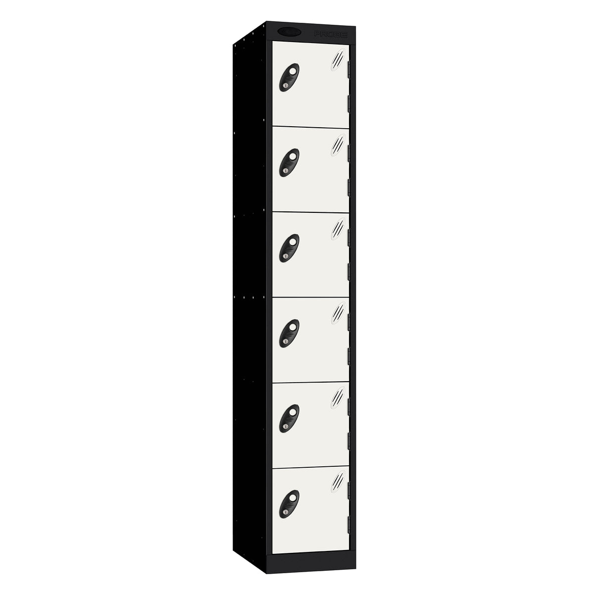 Probe Standard Metric Locker — 6 Door, Flat Top, Triple Width — Black Carcass / White Doors