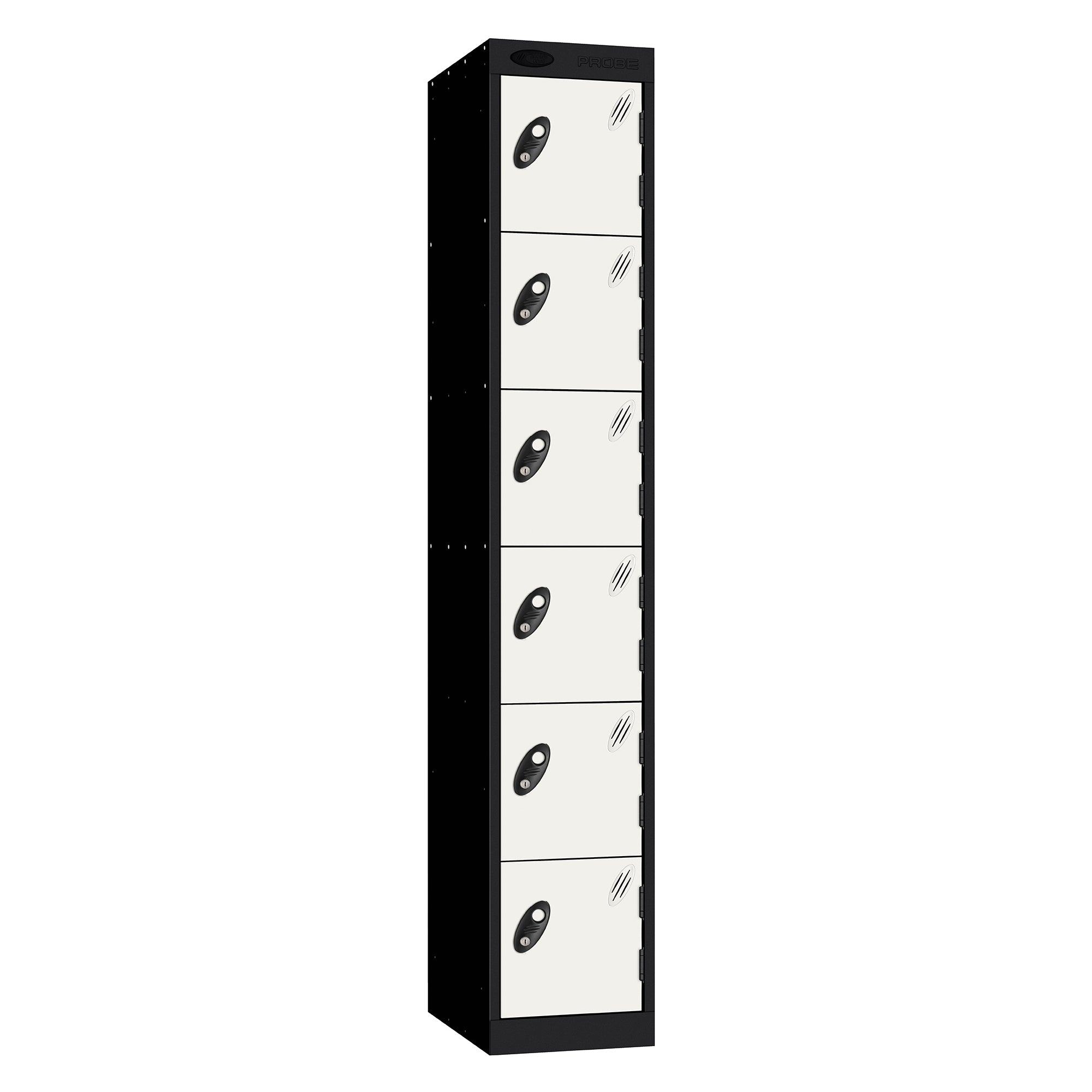 Probe Standard Metric Locker — 6 Door, Sloping Top, Triple Width — Black Carcass / White Doors
