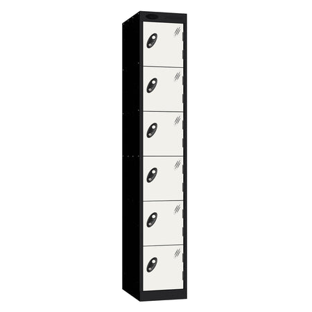Probe Standard Metric Locker — 6 Door, Sloping Top, Triple Width — Black Carcass / White Doors