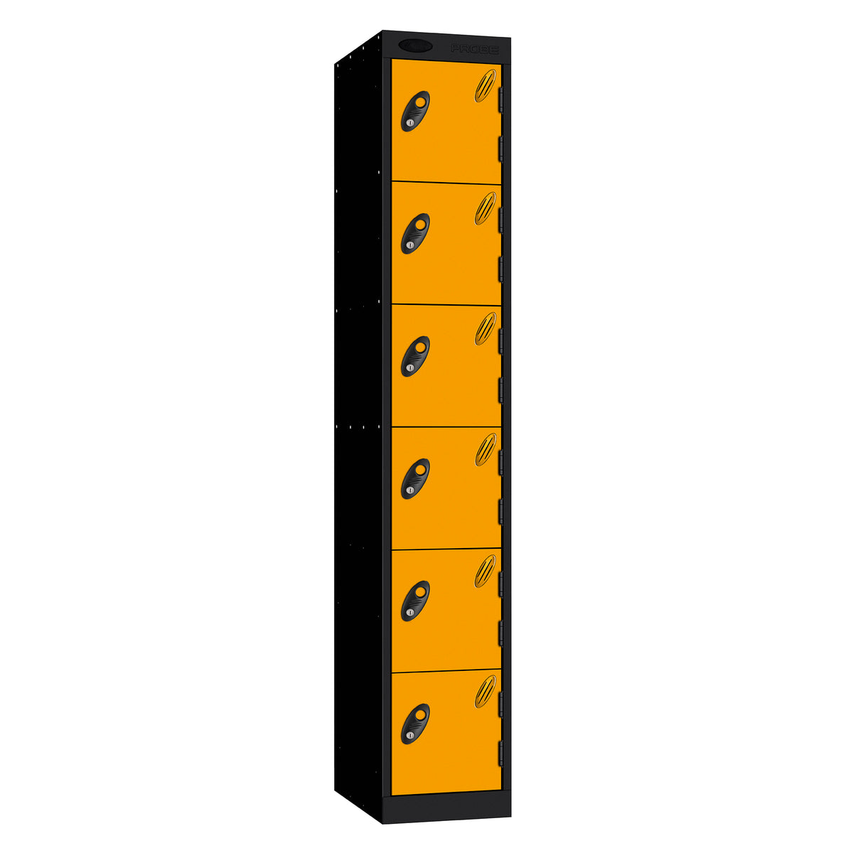 Probe Standard Metric Locker — 6 Door, Flat Top, Triple Width — Black Carcass / Yellow Doors