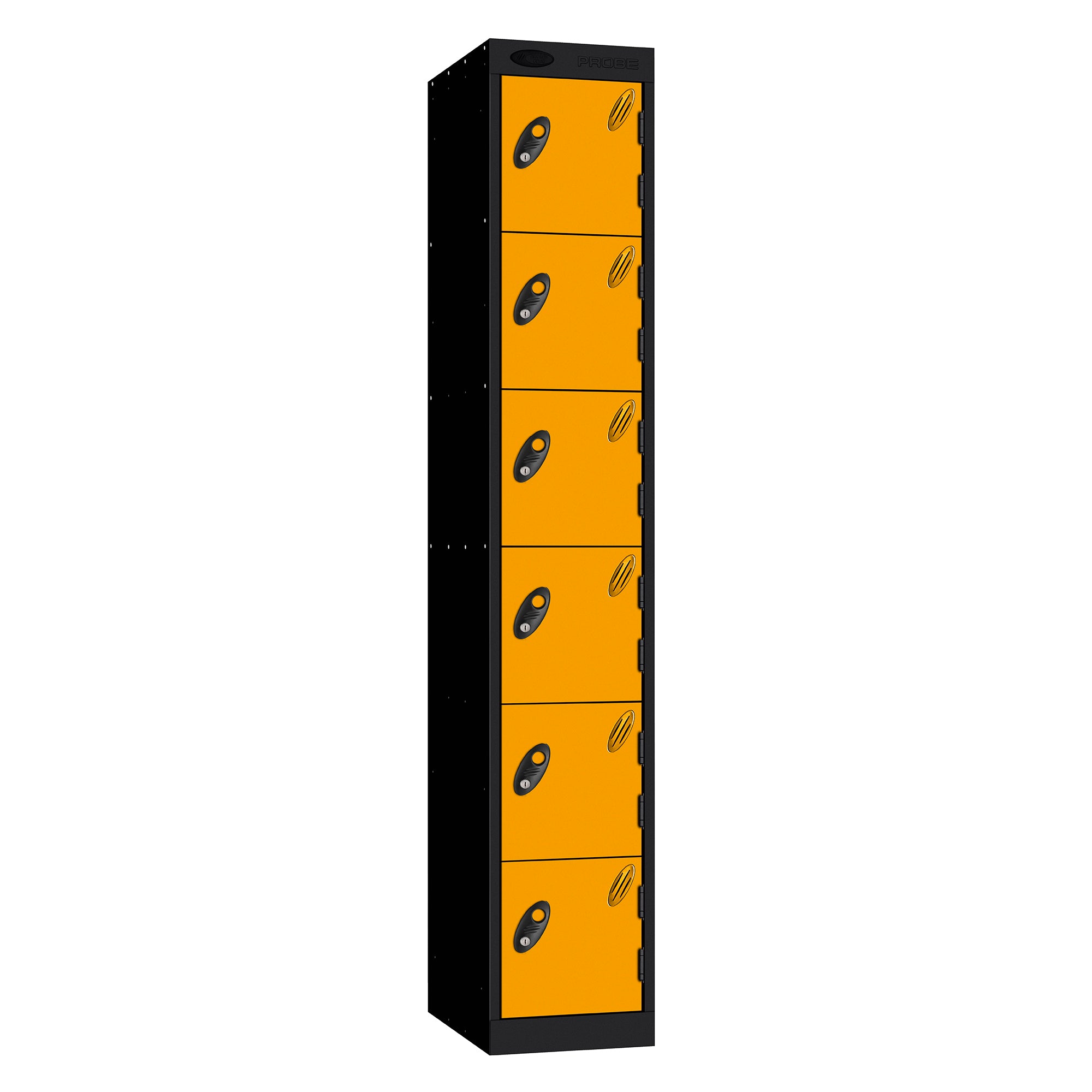 Probe Standard Metric Locker — 6 Door, Sloping Top, Triple Width — Black Carcass / Yellow Doors
