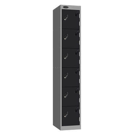 Probe Standard Metric Locker — 6 Door, Flat Top, Triple Width — Silver Carcass / Black Doors